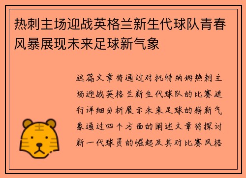 热刺主场迎战英格兰新生代球队青春风暴展现未来足球新气象
