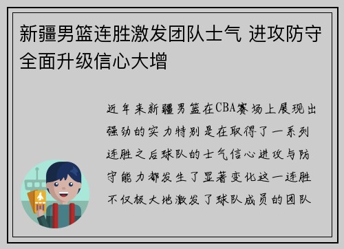 新疆男篮连胜激发团队士气 进攻防守全面升级信心大增