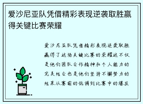 爱沙尼亚队凭借精彩表现逆袭取胜赢得关键比赛荣耀