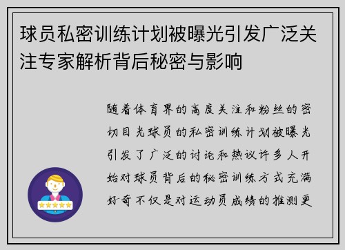 球员私密训练计划被曝光引发广泛关注专家解析背后秘密与影响