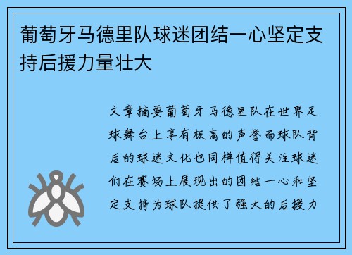 葡萄牙马德里队球迷团结一心坚定支持后援力量壮大