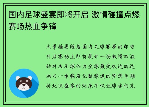 国内足球盛宴即将开启 激情碰撞点燃赛场热血争锋 国内足球盛宴即将开启 激情碰撞点燃赛场热血争锋