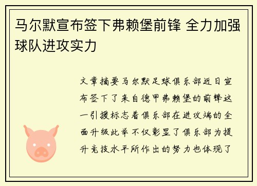 马尔默宣布签下弗赖堡前锋 全力加强球队进攻实力
