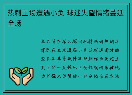 热刺主场遭遇小负 球迷失望情绪蔓延全场